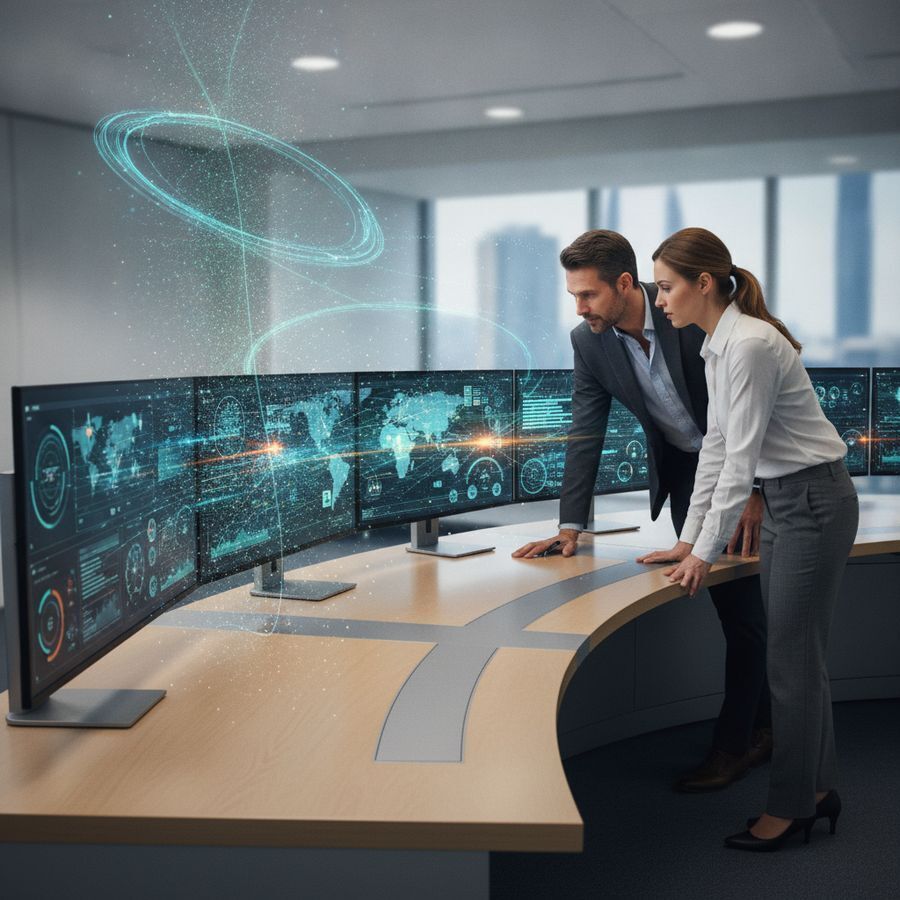 Manager en analist bekijken actuele dashboards op meerdere schermen in een lichte kantooromgeving.