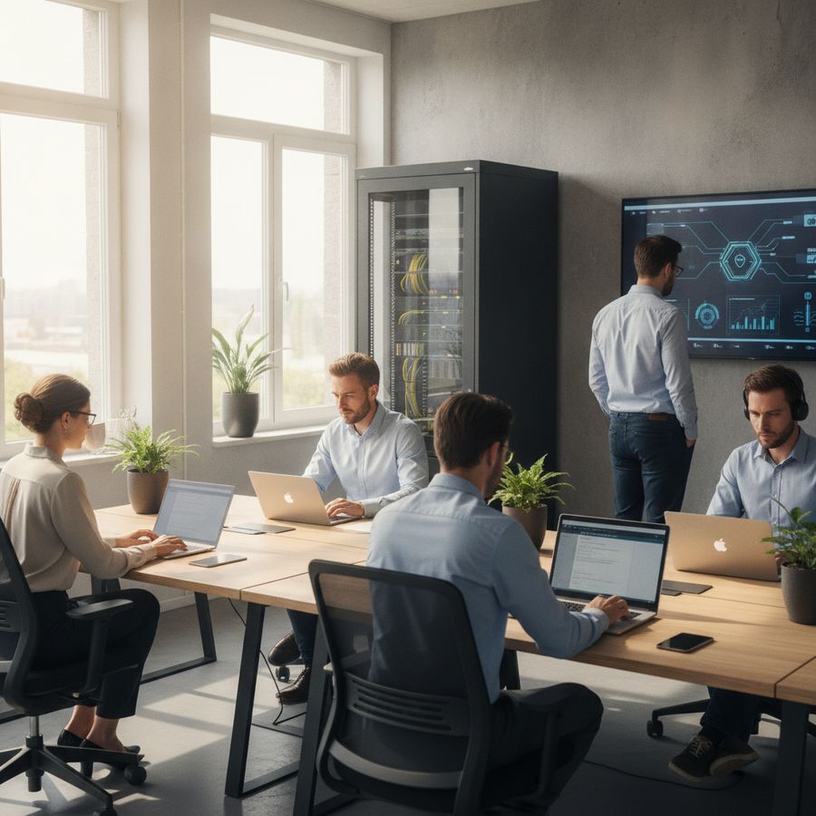 Klein kantoorteam werkt aan laptops terwijl een IT-specialist systemen controleert in een lichte werkruimte.