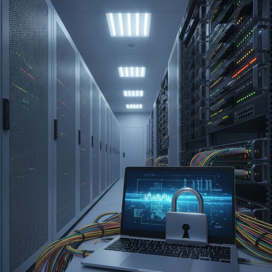 Serverrack, laptop en netwerkbekabeling in een heldere ruimte met focus op beveiligde verbindingen.