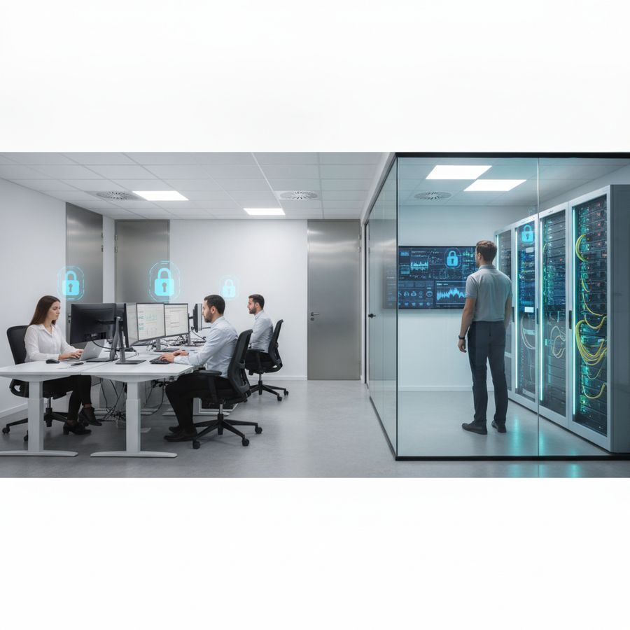IT-specialist tussen serverruimte en werkplekken terwijl laptops en servers samen worden beheerd.