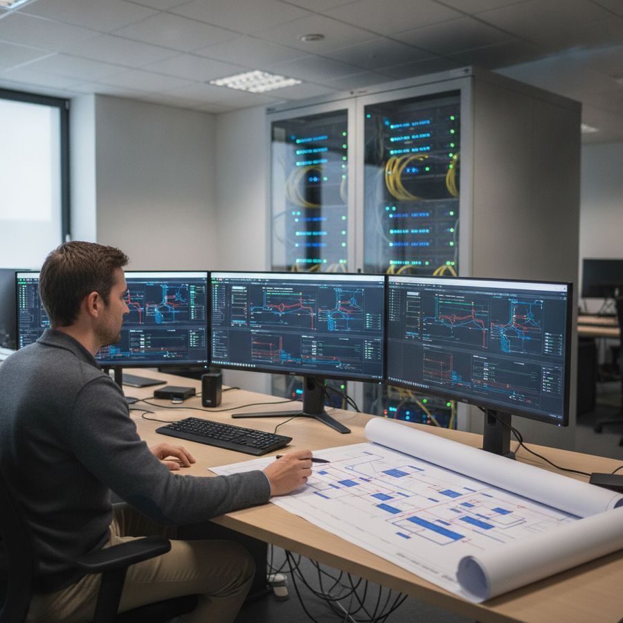 Netwerkbeheerder bekijkt schermen en een netwerkschema aan een bureau met servers op de achtergrond.