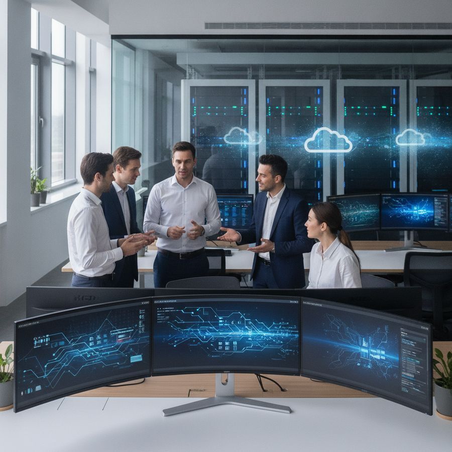 IT-medewerkers overleggen bij schermen met verbonden systemen in een heldere moderne kantoorruimte.