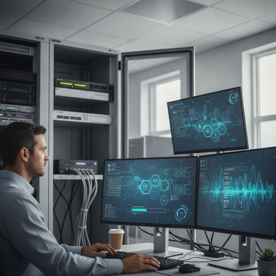 Technicus controleert back-upapparatuur naast servers en schermen in een nette, goed verlichte serverruimte.