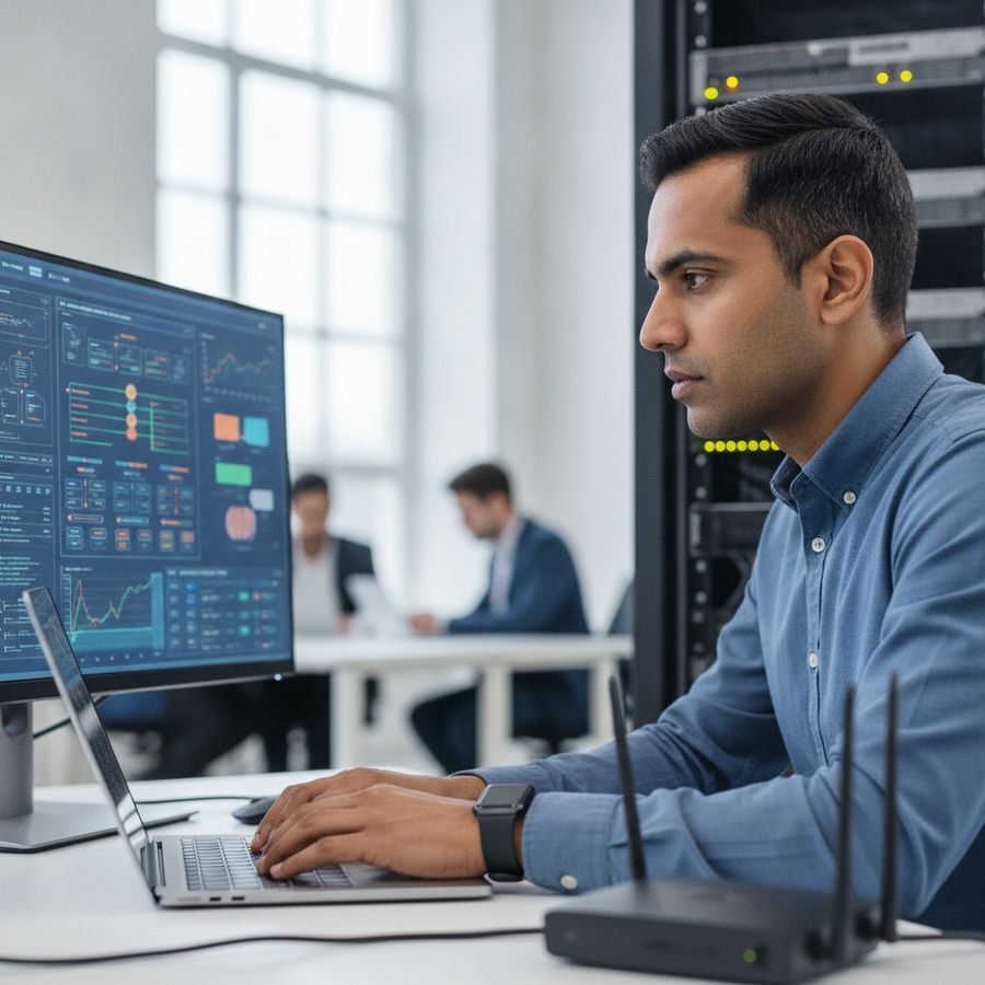 IT-specialist analyseert netwerk op meerdere schermen naast laptop en serverkast.