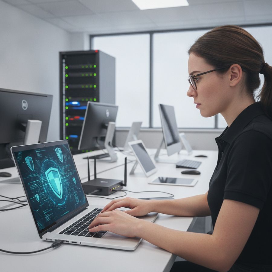 IT-specialist voert updates uit op een laptop naast netwerkapparatuur in een helder beveiligd kantoor.