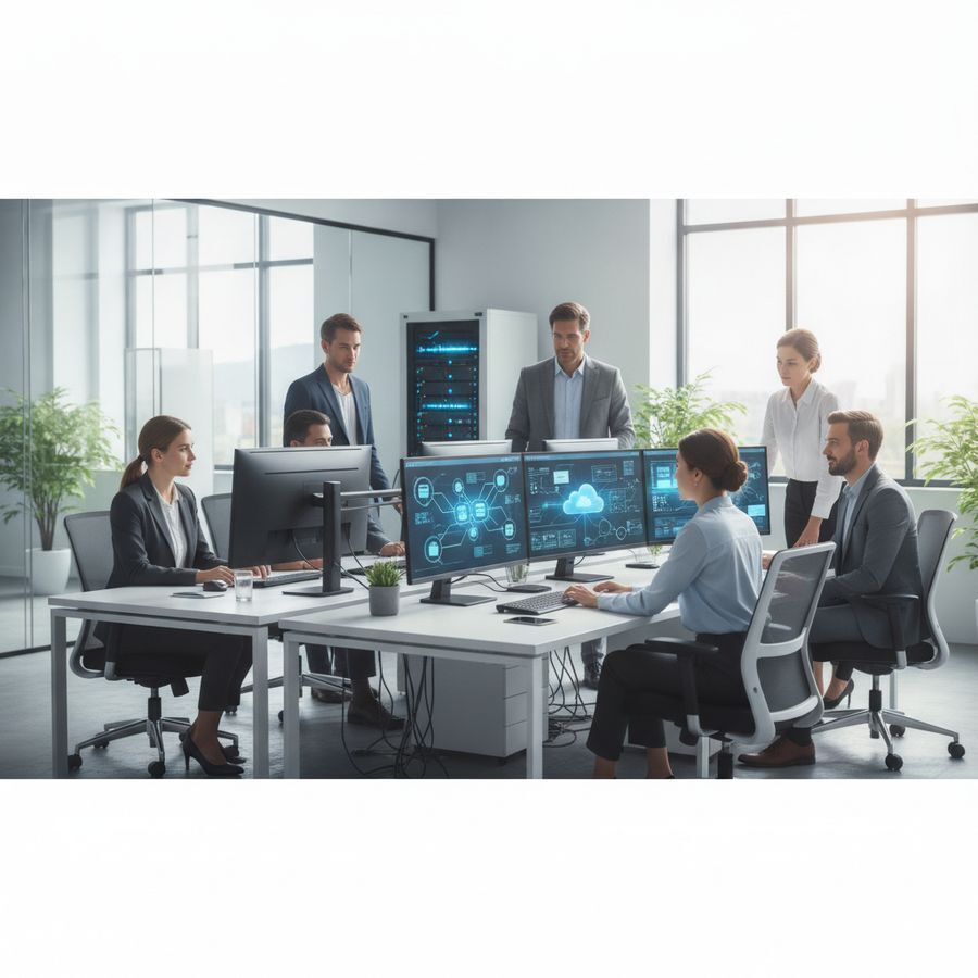 IT-medewerkers overleggen bij schermen en servers in een lichte kantoorruimte met verbonden systemen.