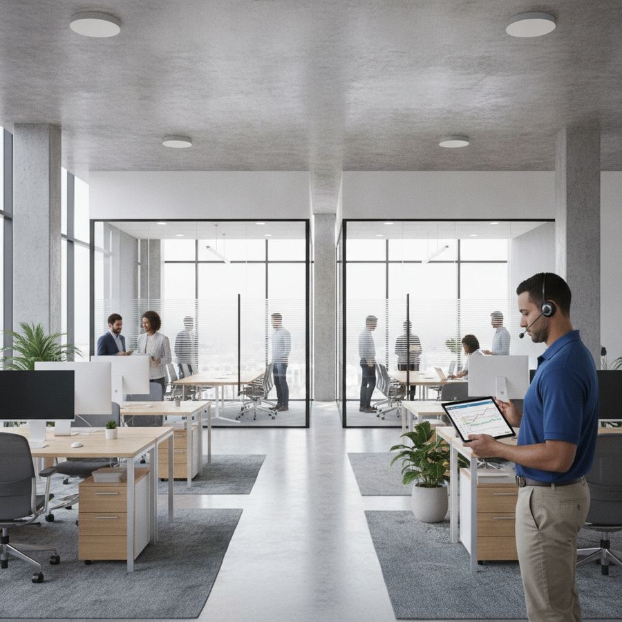 IT-technicus controleert draadloos netwerk in helder kantoor met access points en werkplekken.