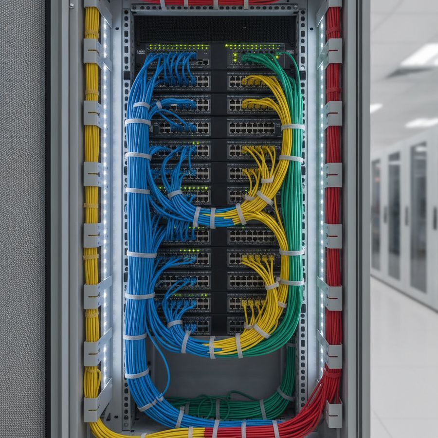 Geordende serverkast met switches en kleurgecodeerde netwerkkabels in helder licht.
