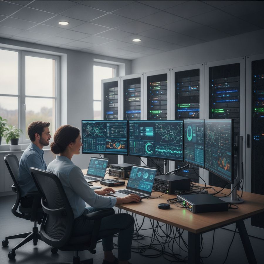 IT-specialisten volgen servers en werkplekken op in een lichte kantooromgeving met schermen en netwerkapparatuur.