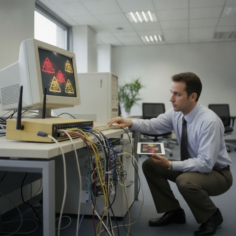 IT-medewerker bekijkt een verouderde computer en netwerkapparatuur in een helder kantoor.