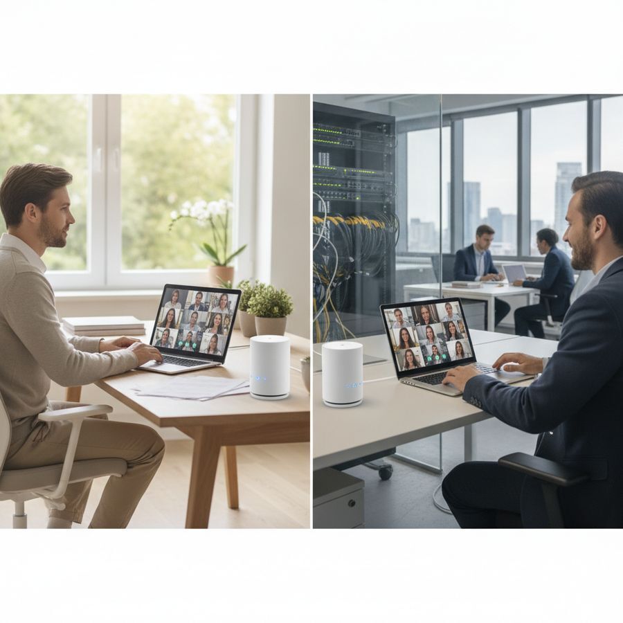 Medewerker werkt met laptop tussen thuisbureau en modern kantoor met router en nette werkplek.
