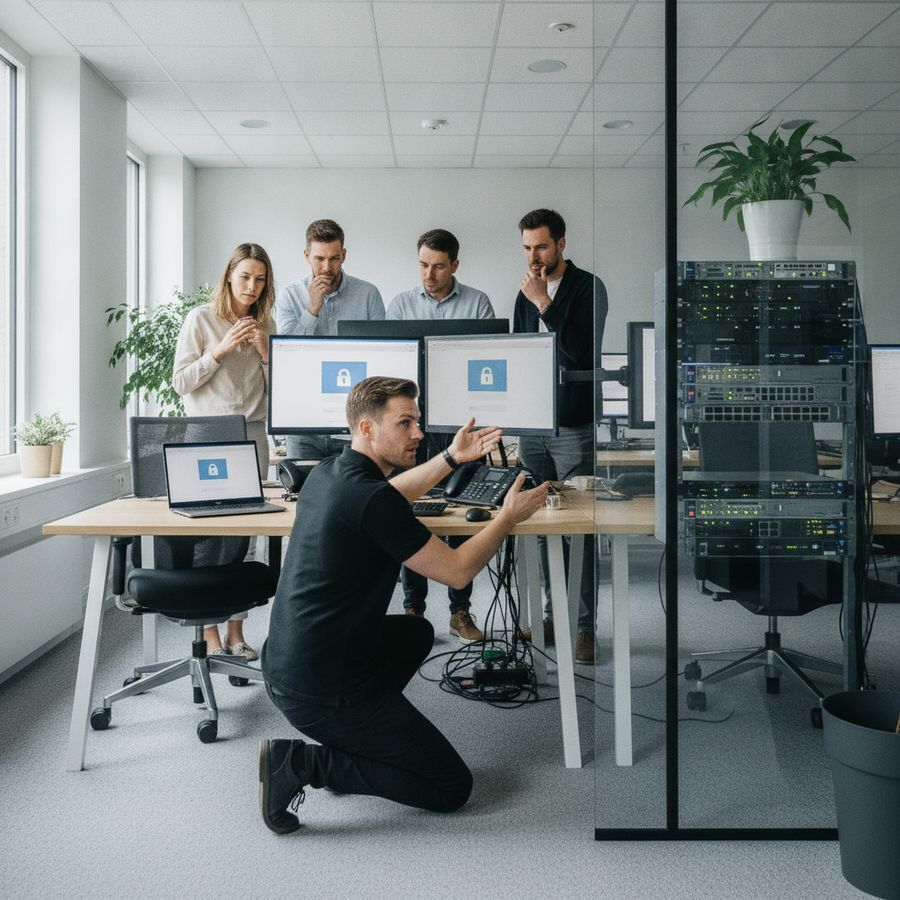 Kleine kantoorruimte met medewerkers en een IT-specialist bij schermen in helder daglicht.