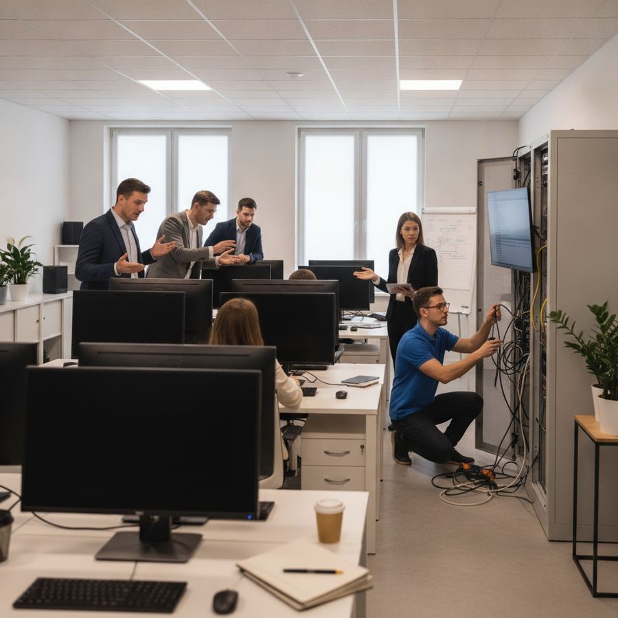 Ongeruste kantoormedewerkers kijken naar vastgelopen schermen terwijl een IT-technicus ingrijpt.