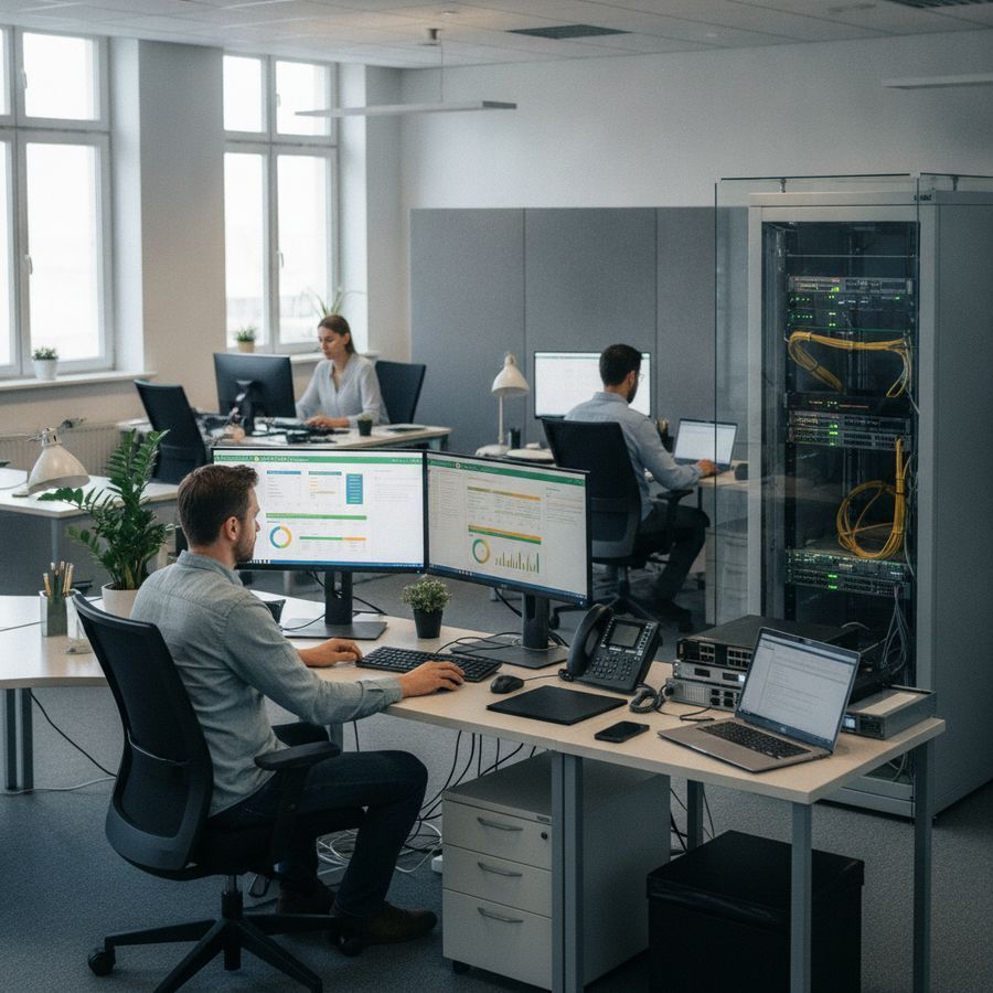 IT-beheerder bekijkt meerdere schermen met systemen in een lichte kantoorruimte met servers op de achtergrond.