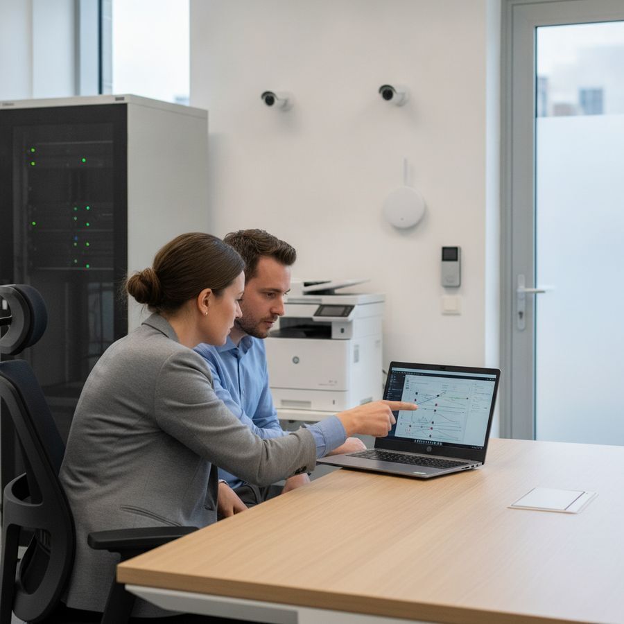 IT-beheerder en zaakvoerder bekijken netwerkdata in een helder kantoor met camera, printer en slimme toegang.