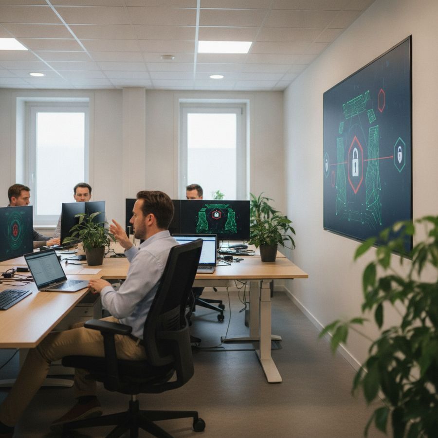 Medewerkers werken in een modern kantoor terwijl een IT-specialist beveiligingsschermen controleert.