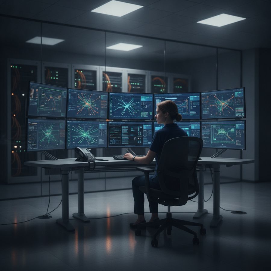 Analist bewaakt systemen op meerdere schermen met servers op de achtergrond in een helder verlichte ruimte.