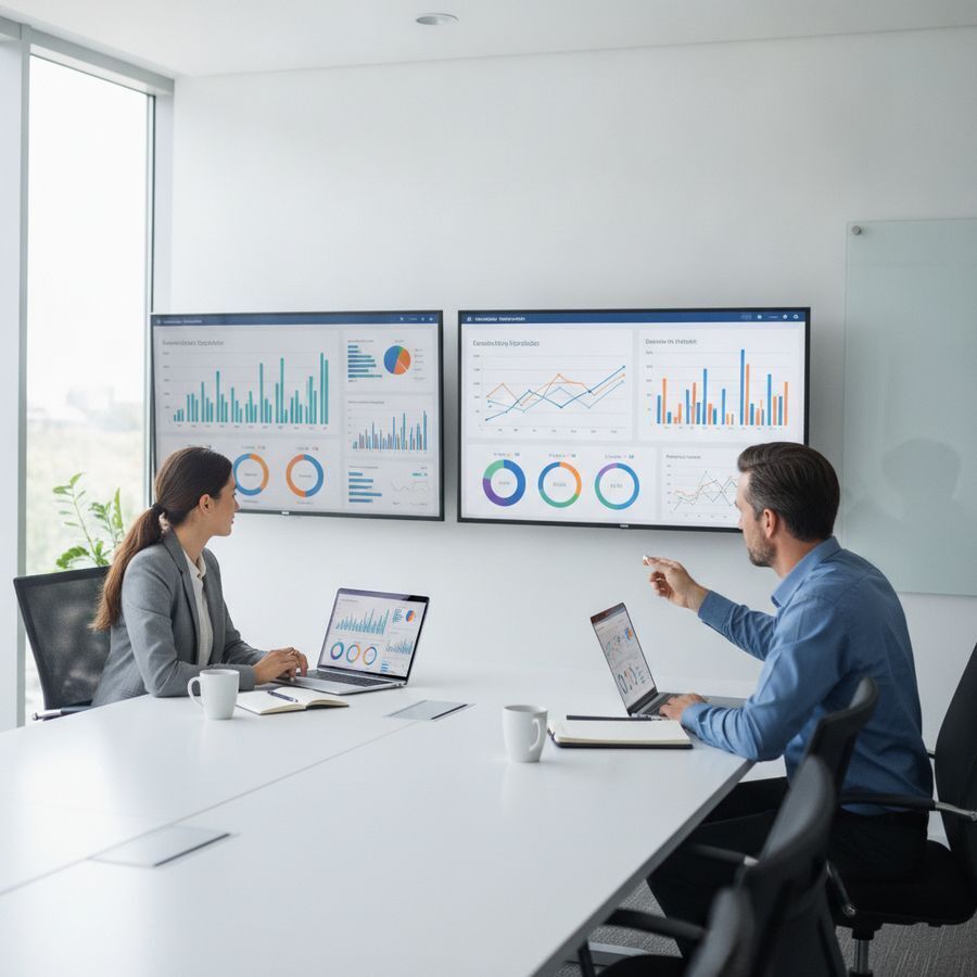 Manager en analist bekijken live dashboards in een heldere vergaderruimte met schermen en laptop.